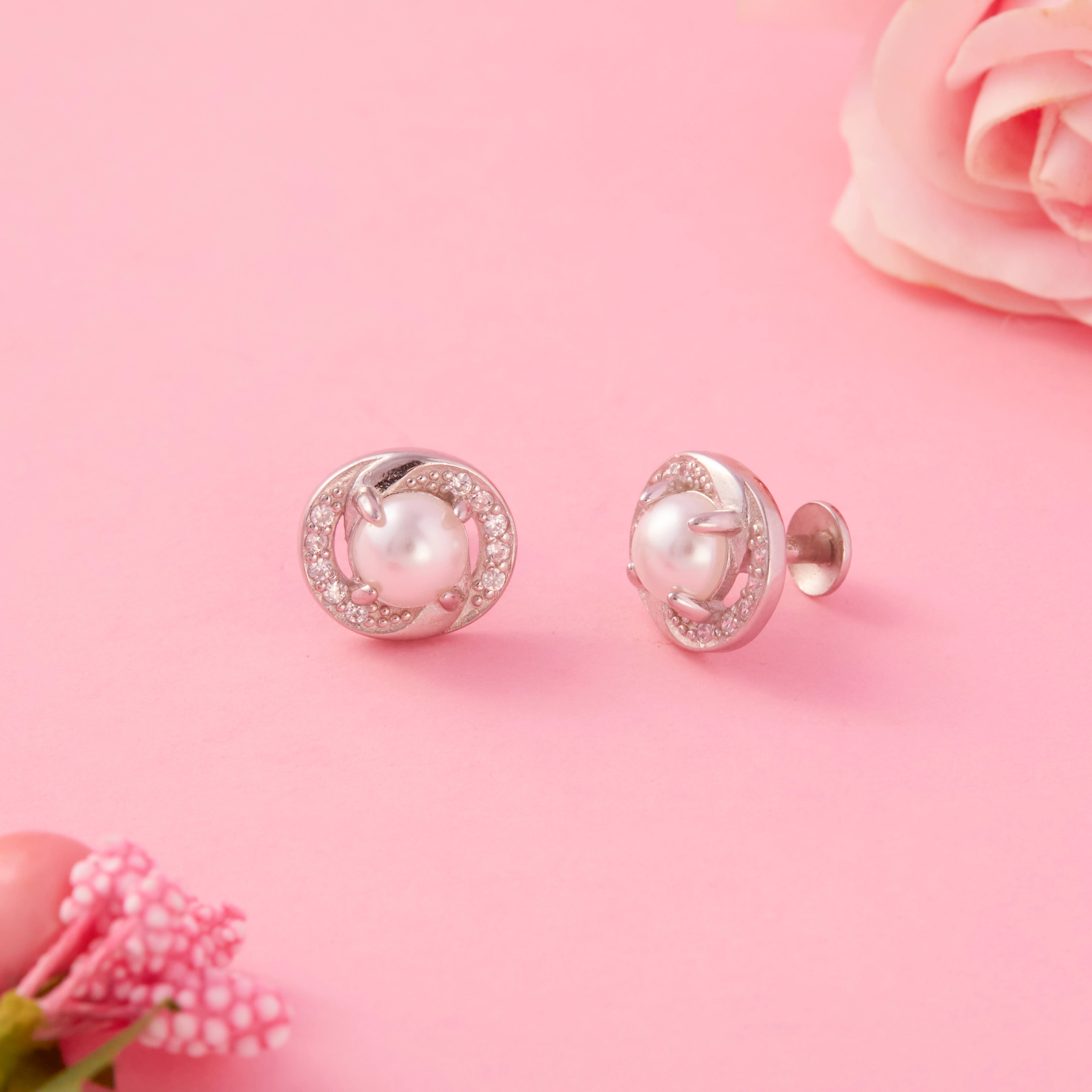 CZ Swirl Pearl Stud Earrings Ishna