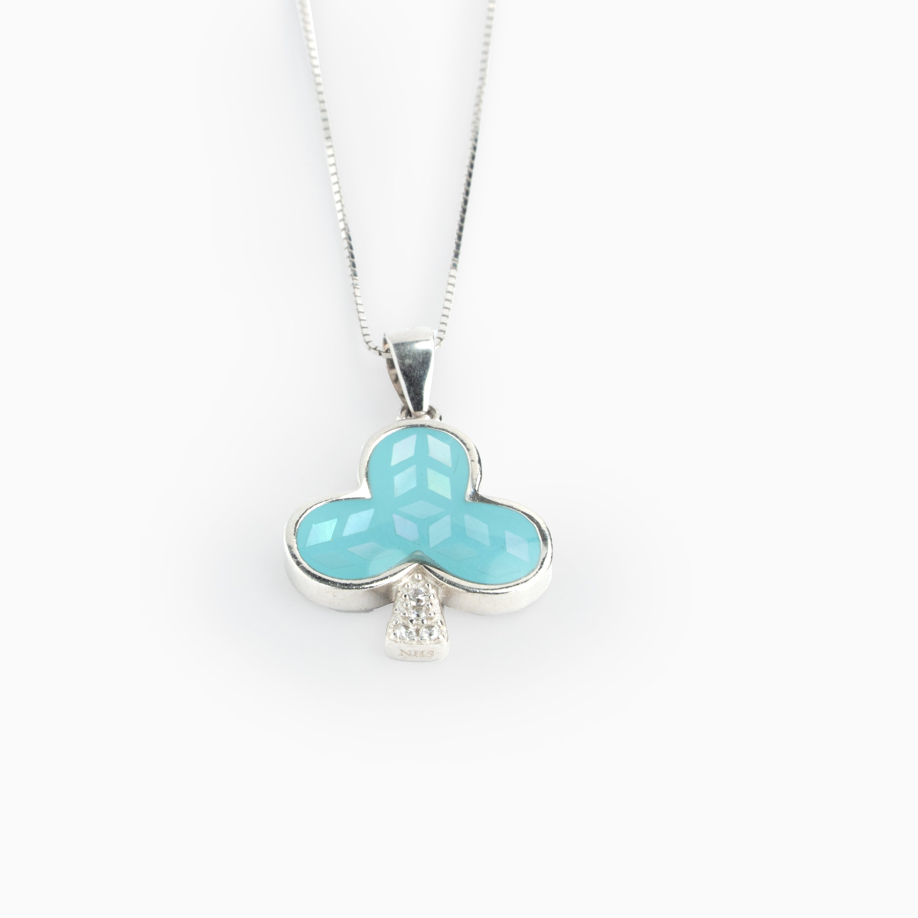 CZ stone aqua blue clover pendant chain with matching stud Ishna