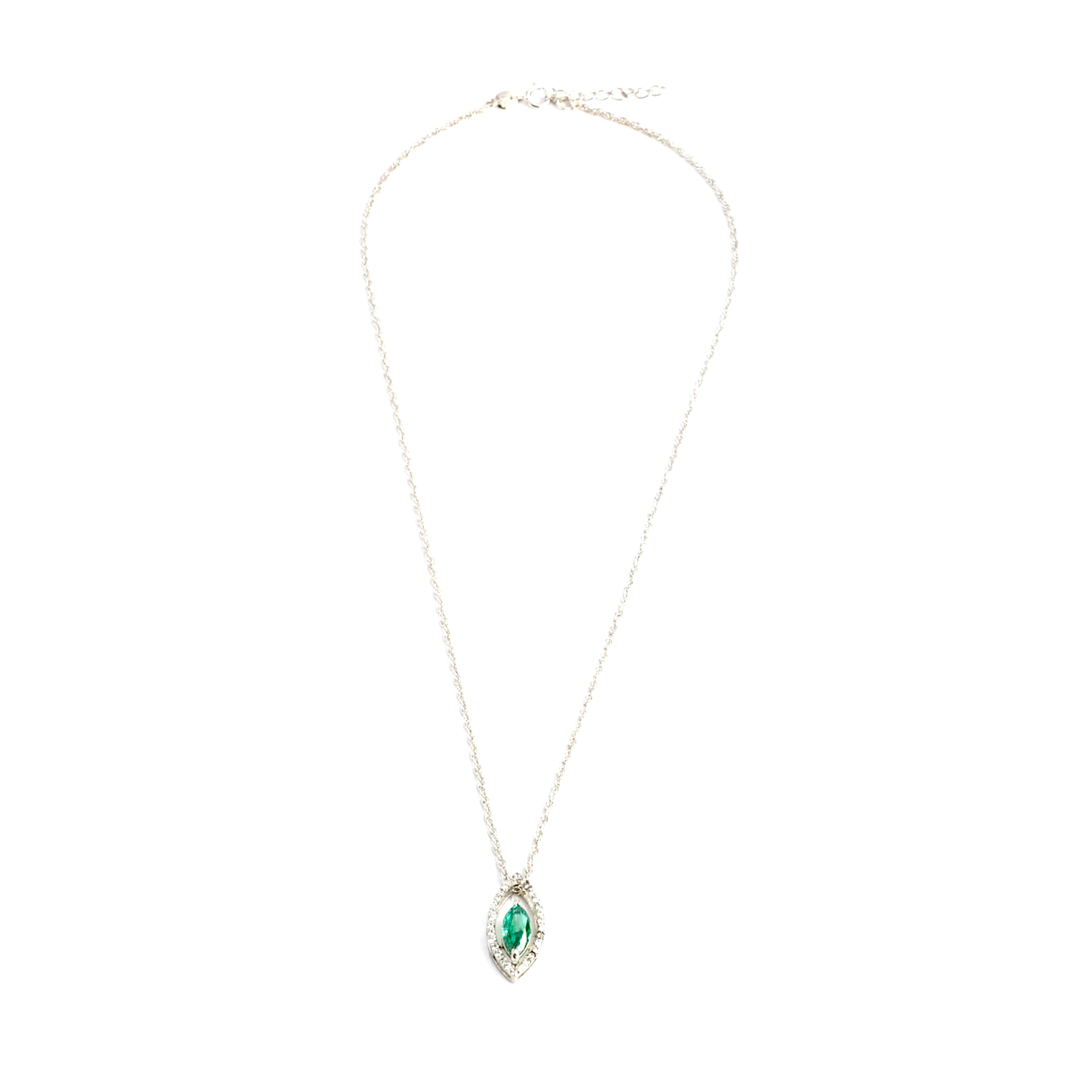 CZ stone marquise emerald halo sterling silver pendant chain Ishna