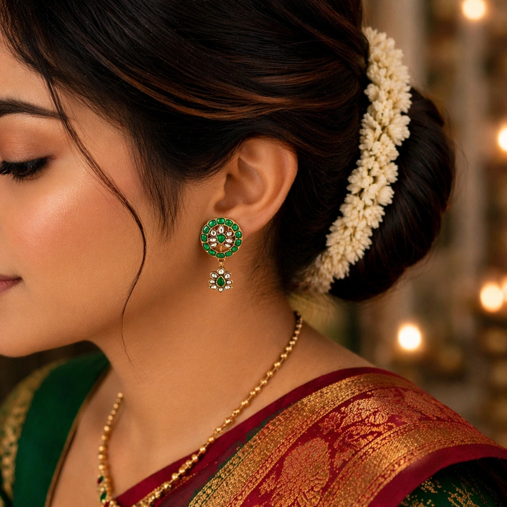 Green Emerald & White Kundan Drop Stud  Ishna
