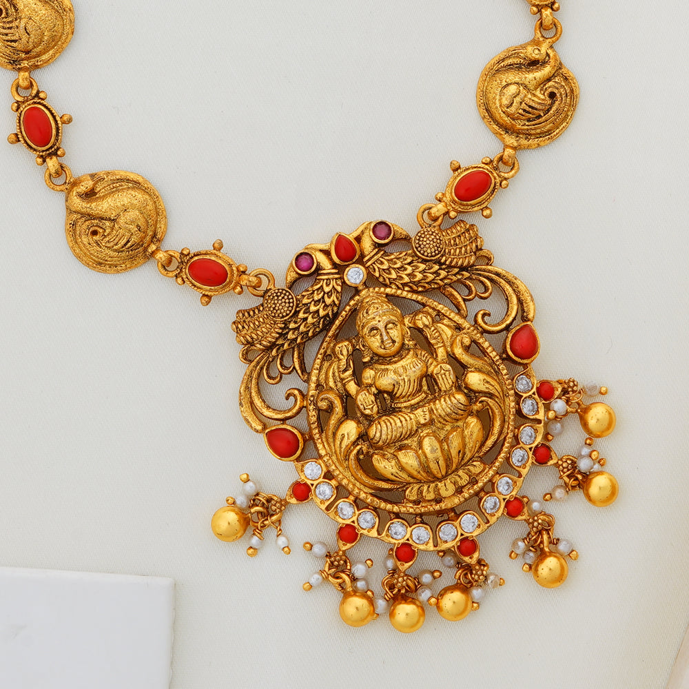 Coral Stone Bridal Necklace with Goddess Lakshmi Pendant