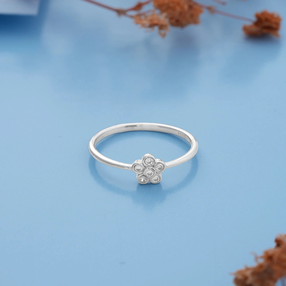 Crystal Flower Motif Ring in Silver Ishna