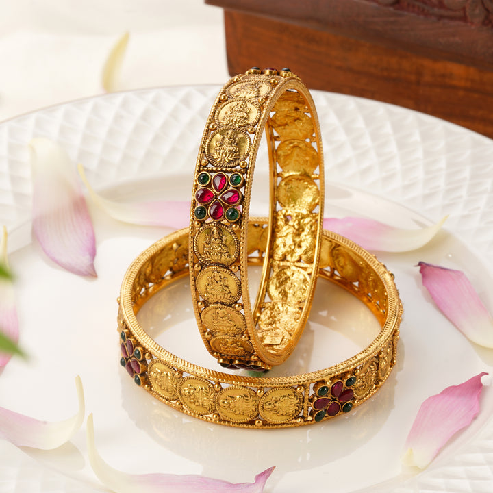 Daily wear gold plated bangles with floral ruby emerald work