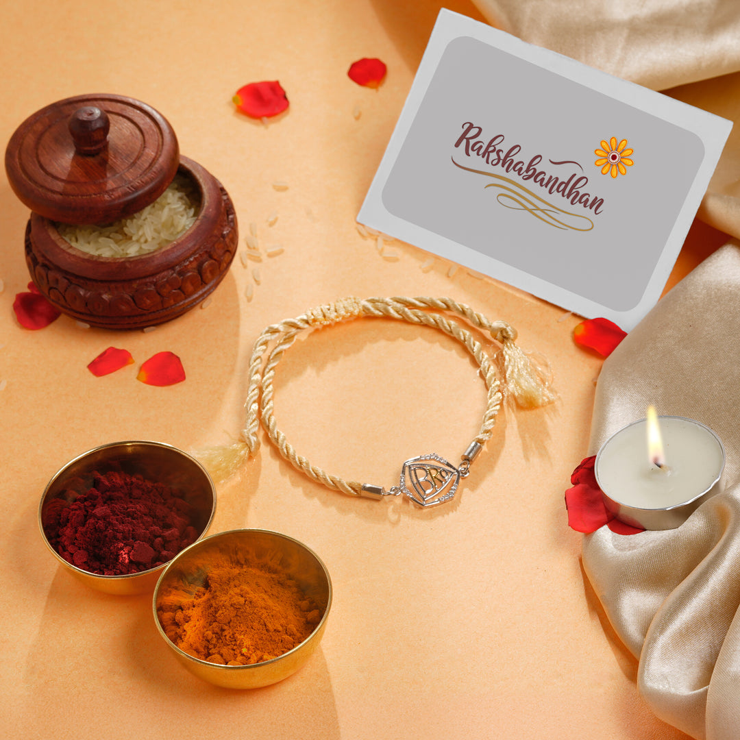 Designer Silver Bro Rakhi with Shield Frame