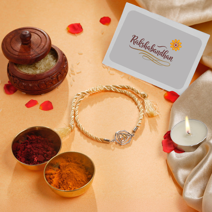 Designer Silver Bro Rakhi with Shield Frame