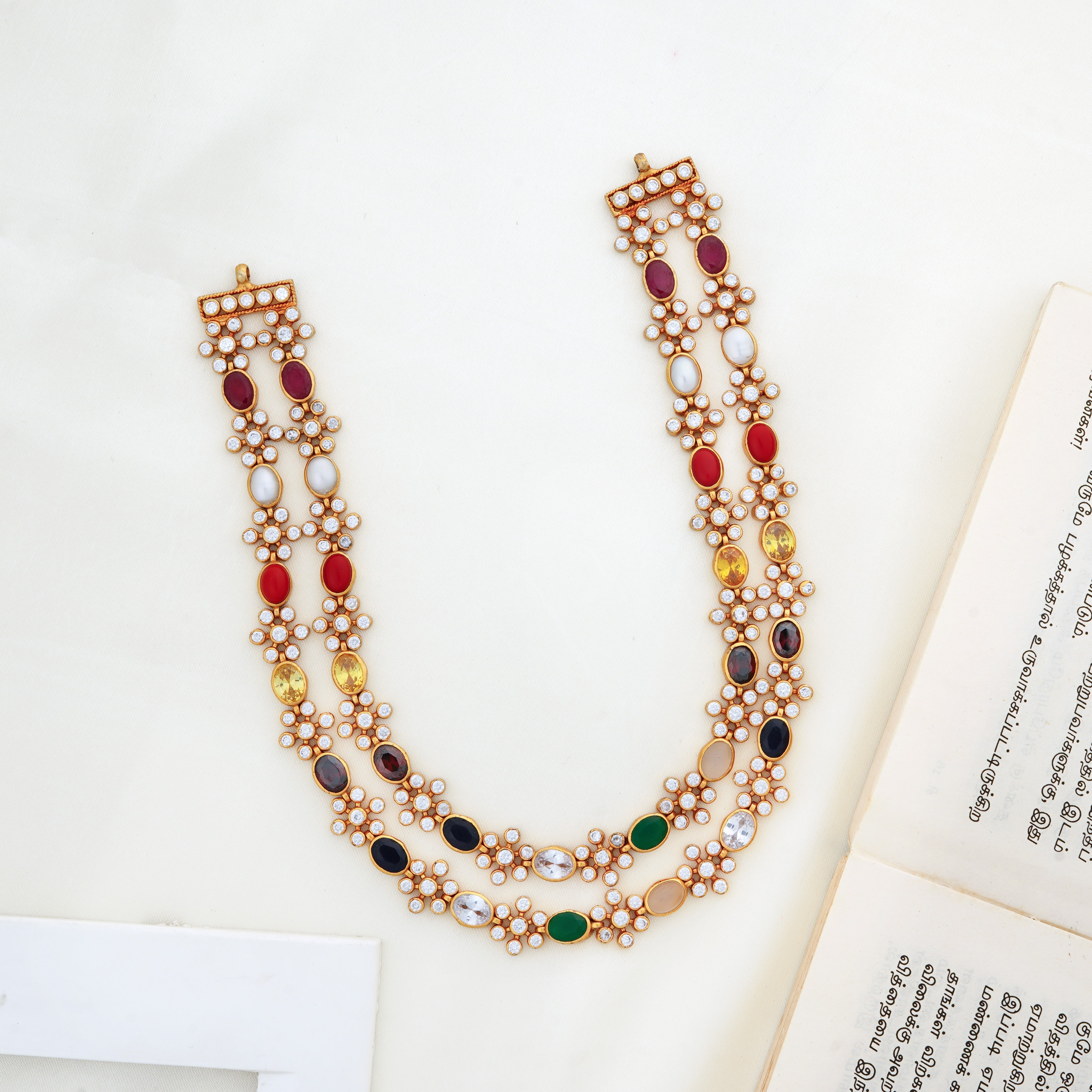 Double-layer Navaratna short necklace with floral stone design