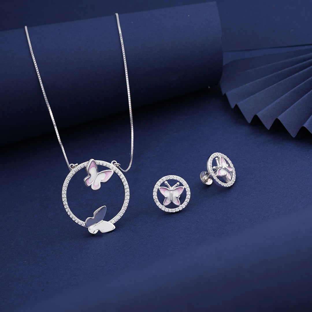 Double Butterfly Pendant Chain Set in Sterling Silver Ishna