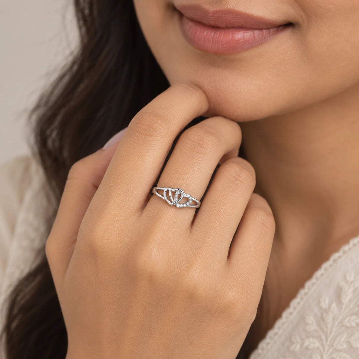 Double heart crystal silver ring for women