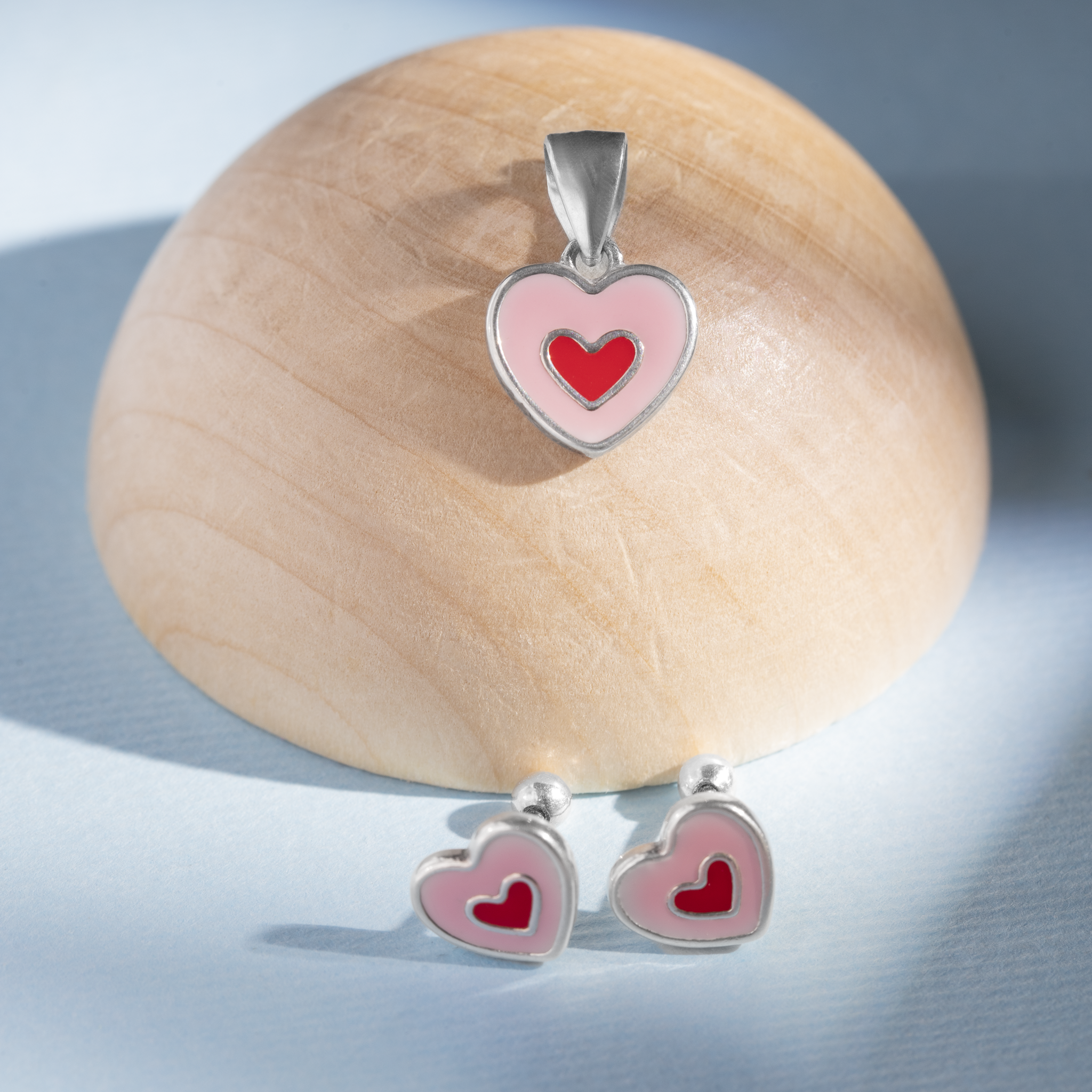 Double heart enamel silver pendant set
