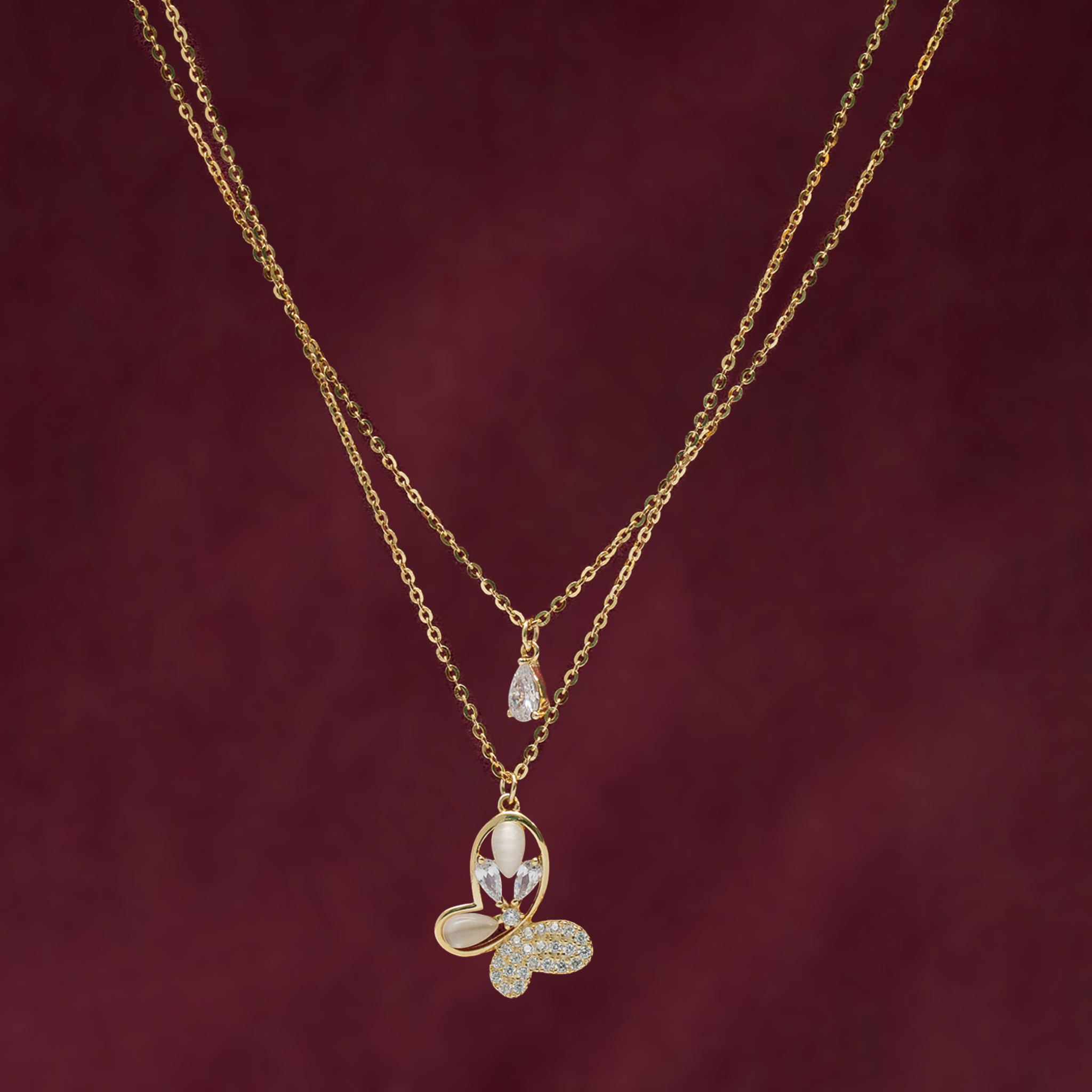 Double layer butterfly necklace with cubic zirconia