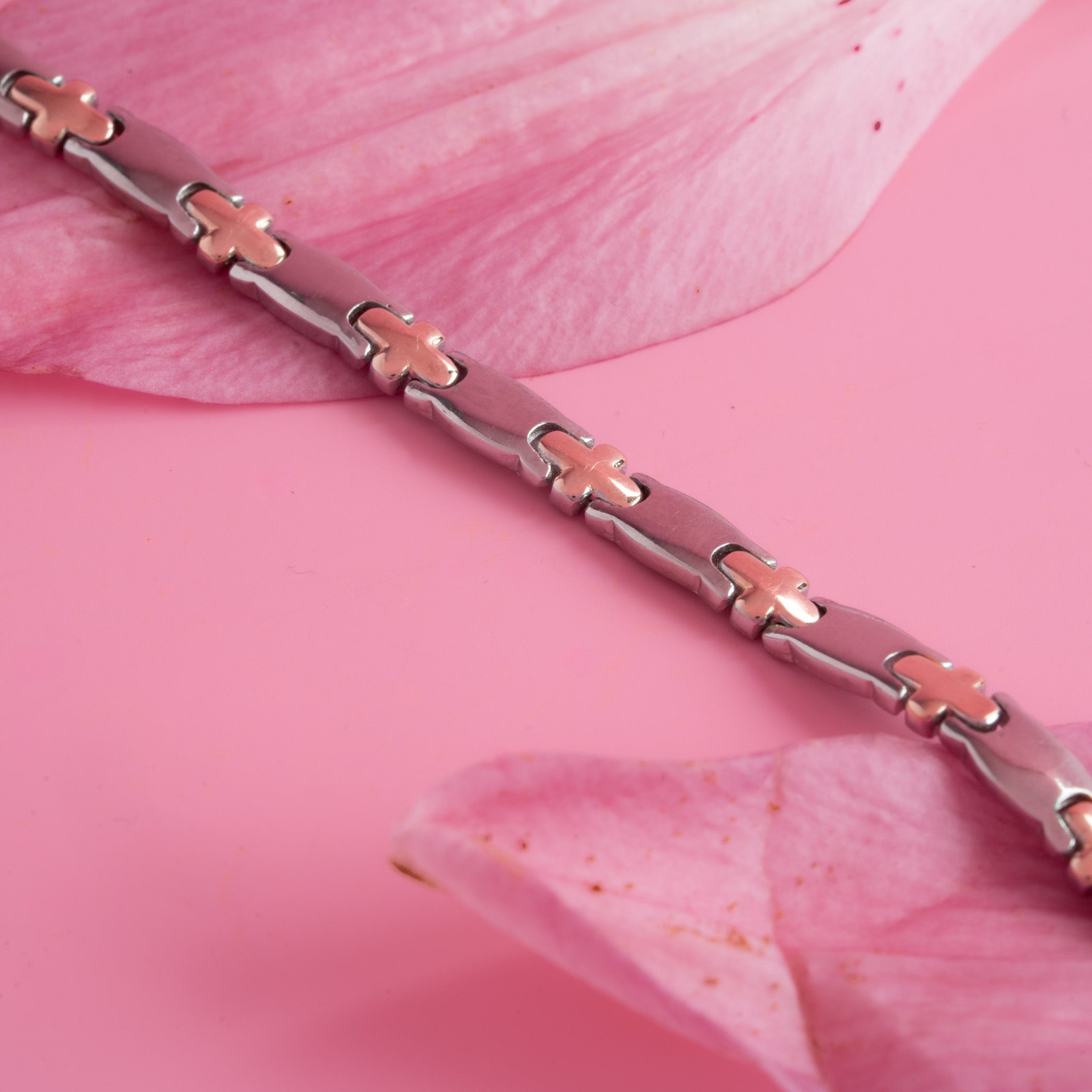 Dual tone silver bracelet rose gold accents