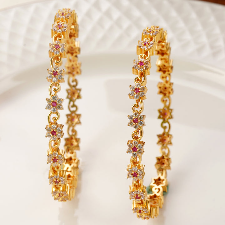Elegant Gold-Plated Bangles with Ruby and Swarovski Crystals
