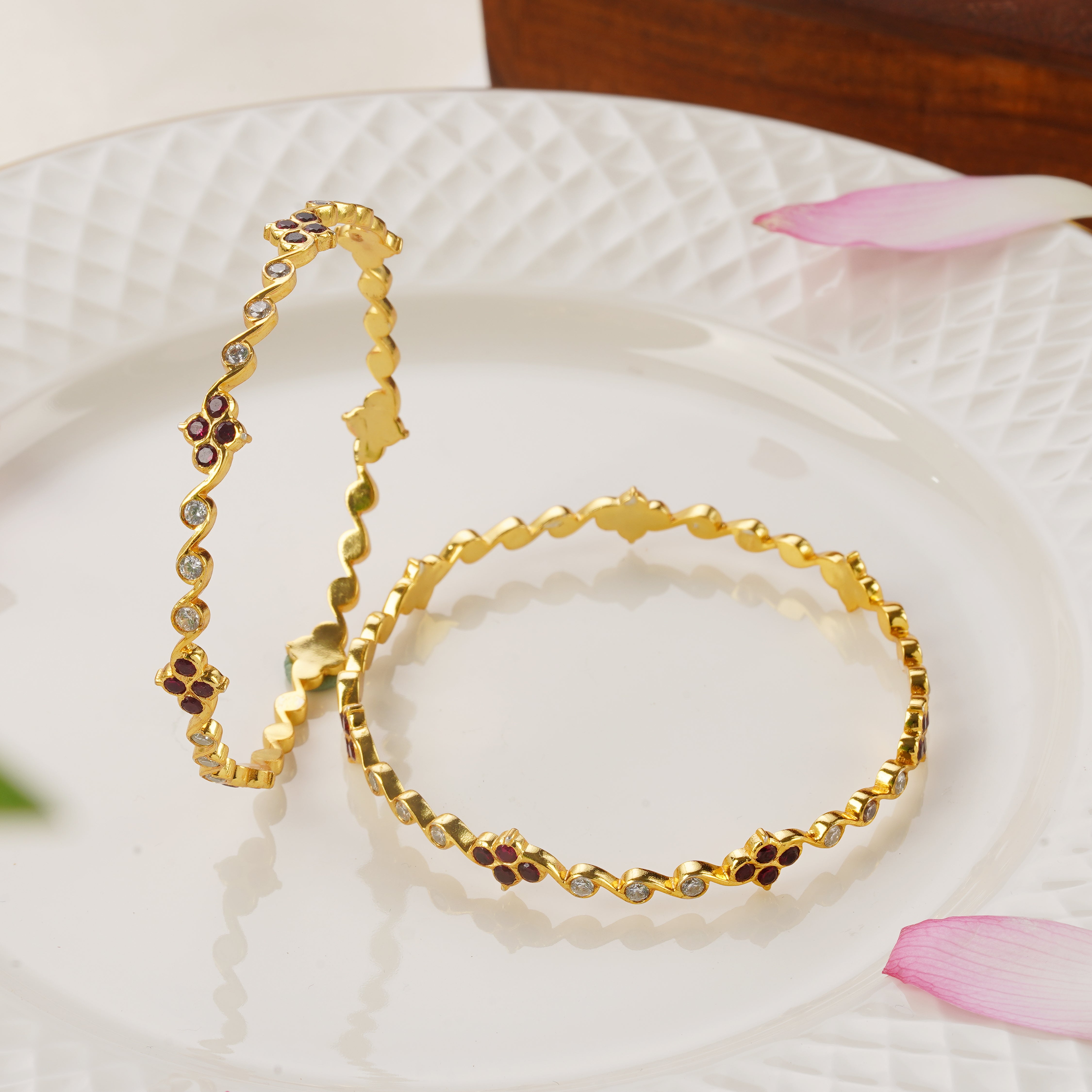 Elegant Gold Plated Bangles with Ruby Stones and Swarovski Work