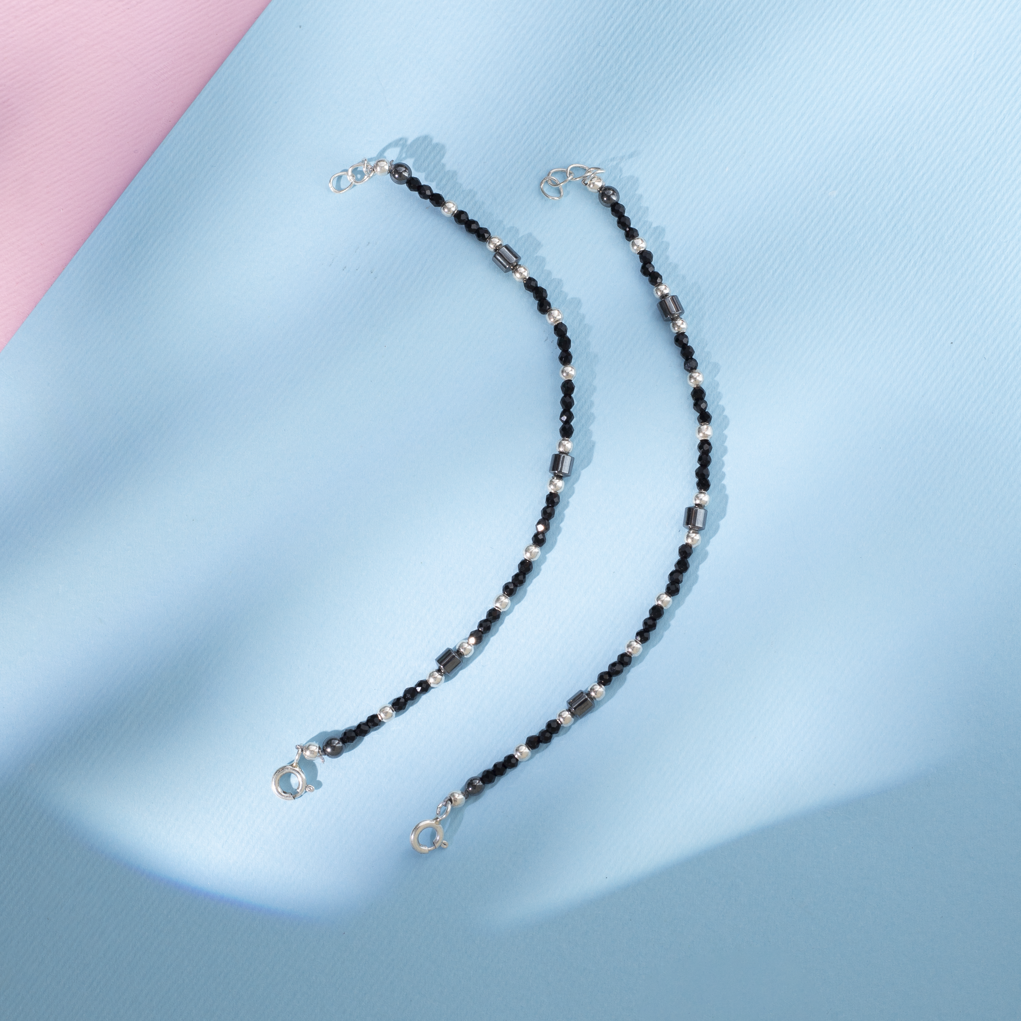 Elegant black bead sterling silver anklet