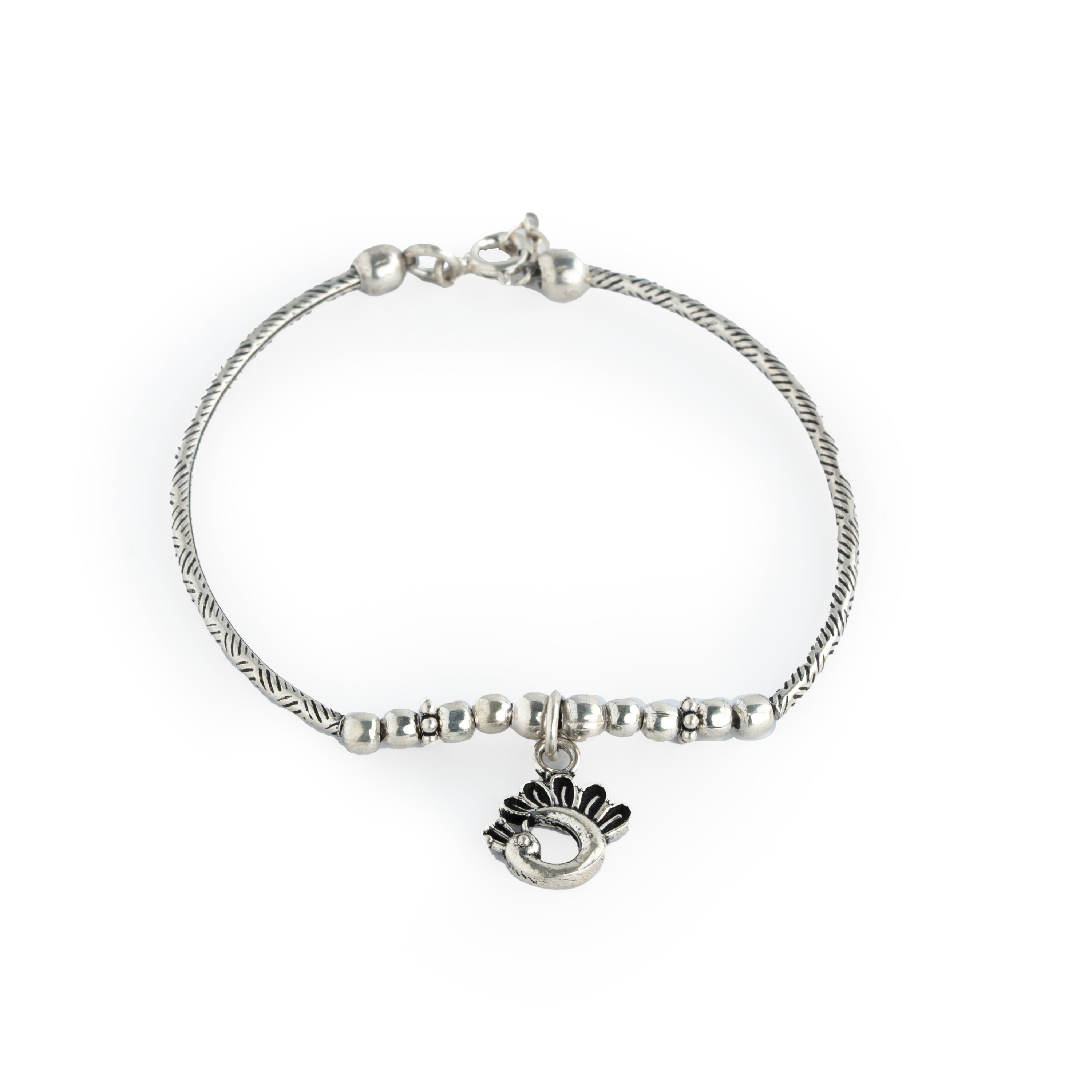 Elegant silver peacock feather charm bracelet Ishna