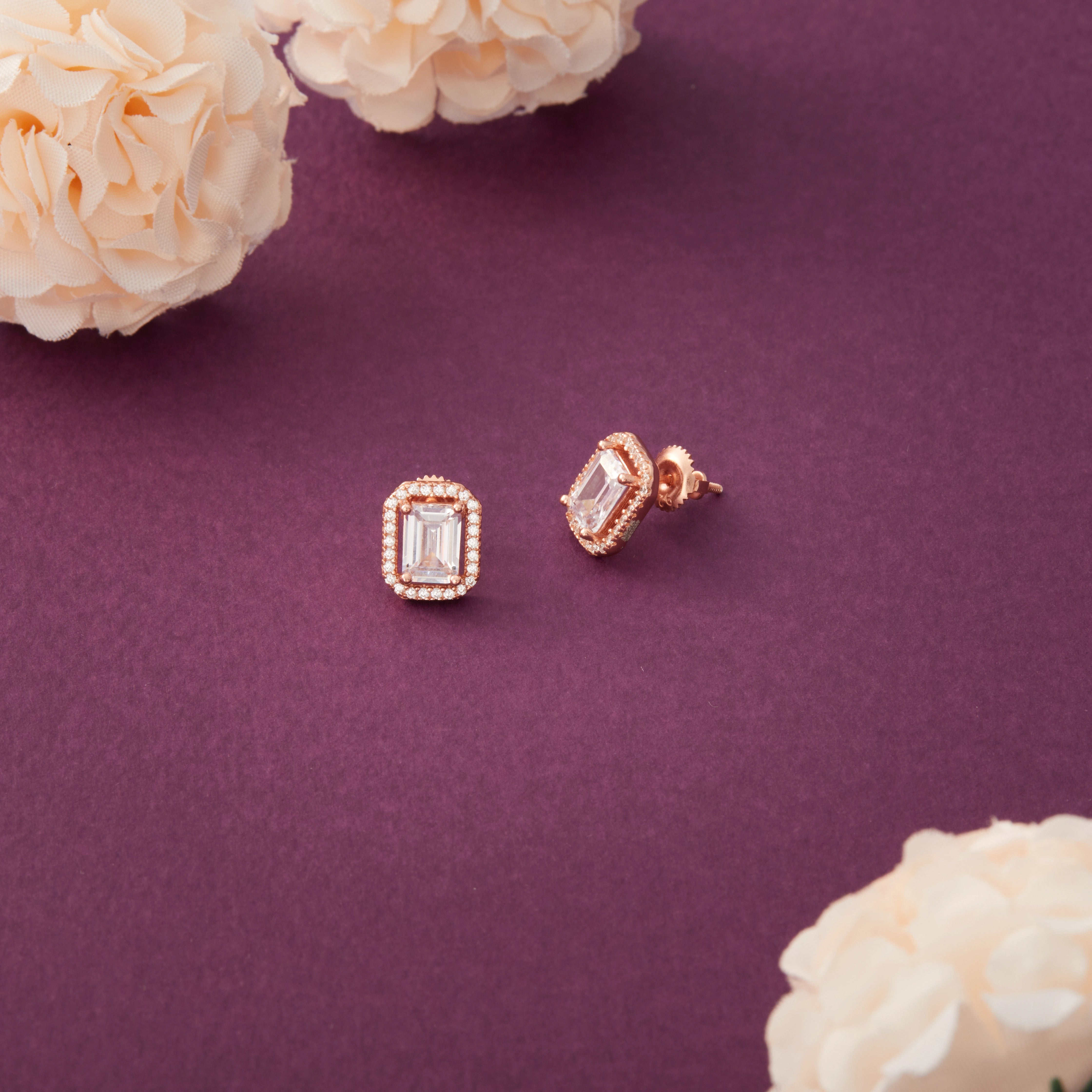 Emerald Cut Halo Stud Earrings Ishna