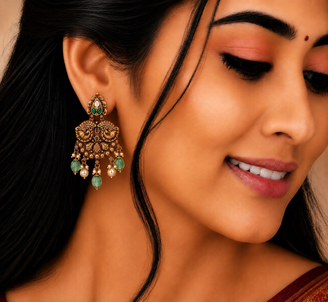 Emerald Peacock Earrings in Gold Plated Silver Ishna