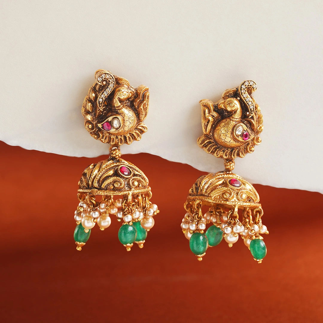 Emerald Peacock Jhumka Drop Earrings Ishna