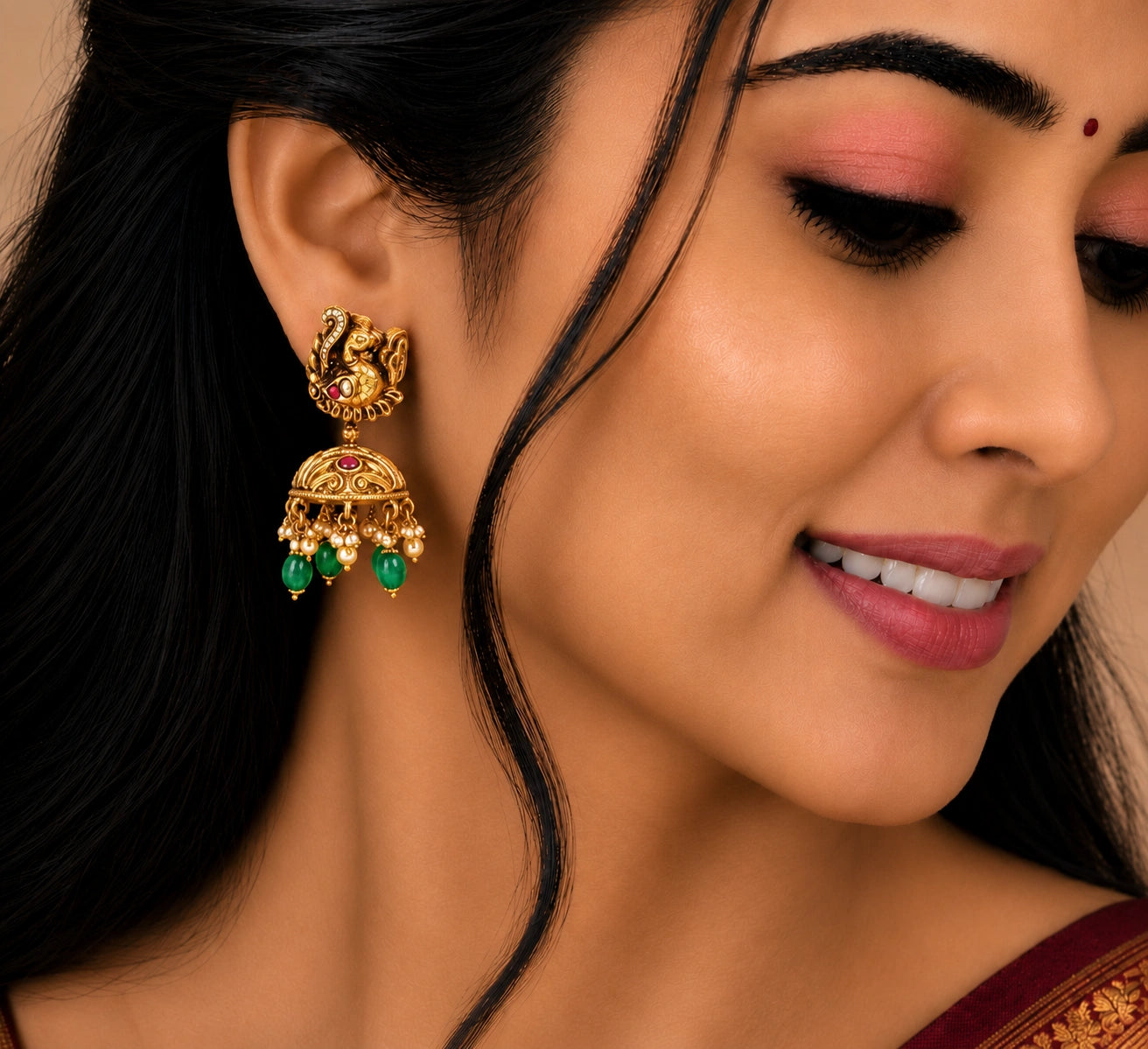 Emerald Peacock Jhumka Earrings in Gold Plated Silver Ishna
