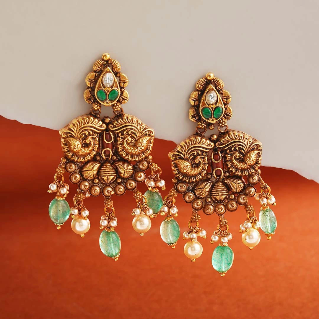 Emerald Peacock Motif Earrings Ishna