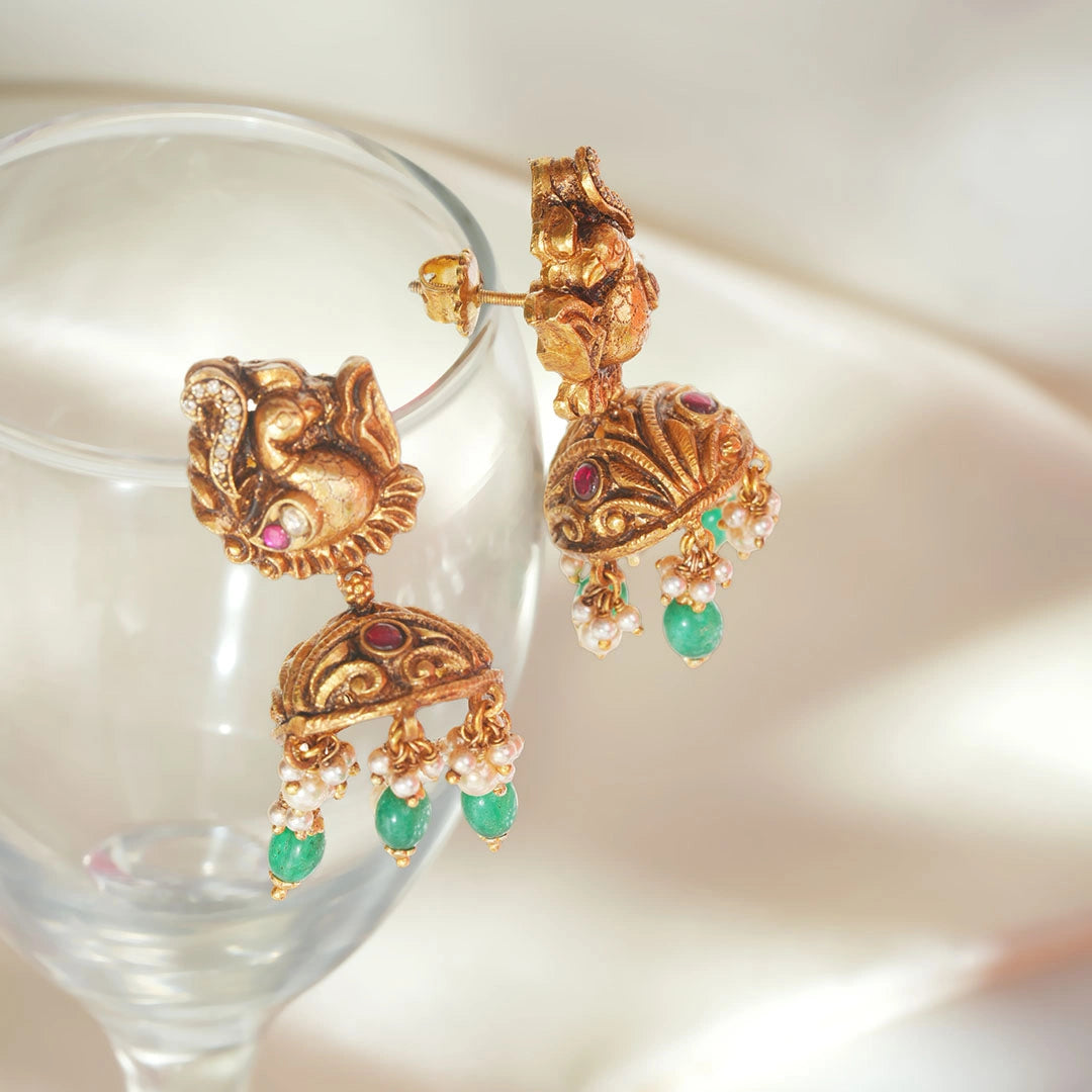 Emerald Peacock Motif Jhumka Earrings Ishna