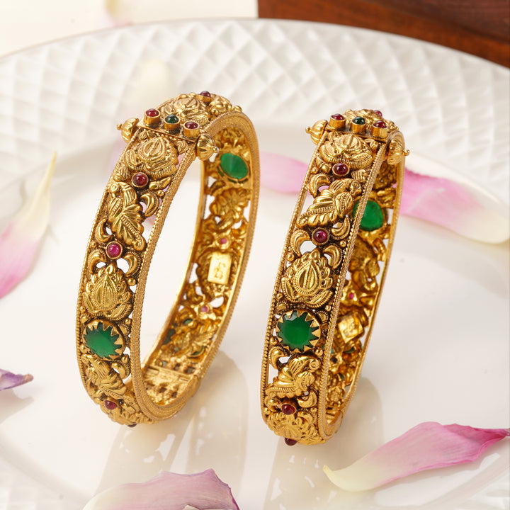 Emerald & Ruby Stone Annam Leaf Design Gold Plated Screw Bangles