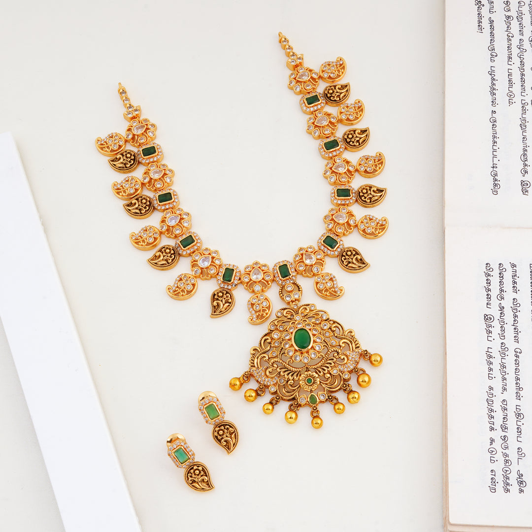 Emerald and Swarovski Stone Mango Design Gold Necklace with Studs