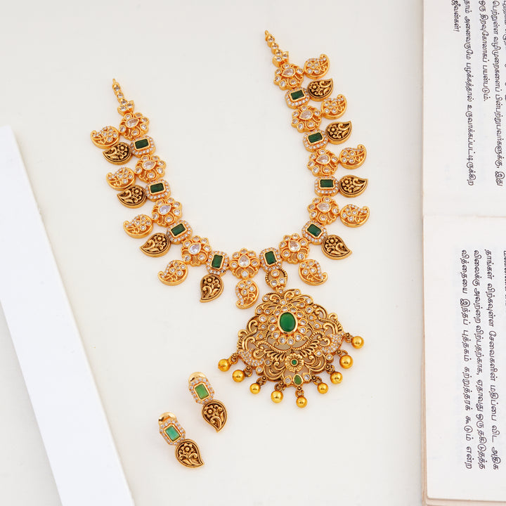 Emerald and Swarovski Stone Mango Design Gold Necklace with Studs