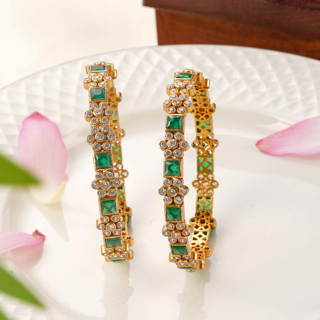 Emerald and Swarovski stone gold Plated bangles floral design
