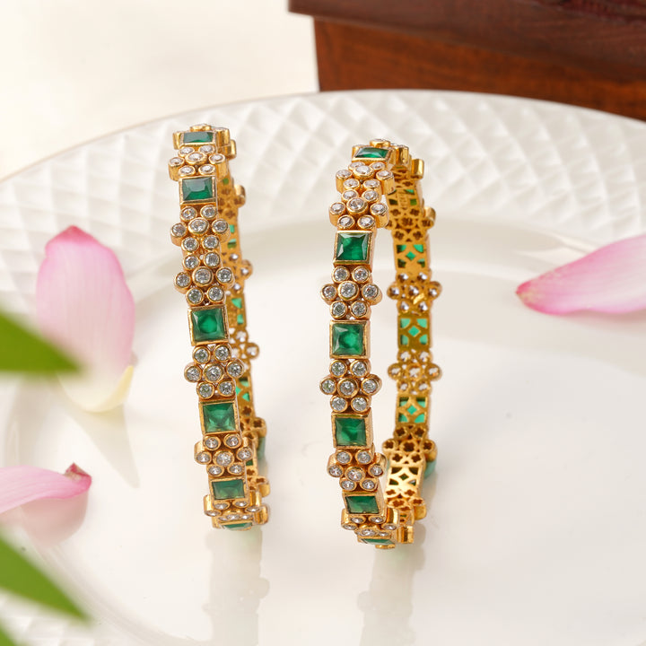 Emerald and Swarovski stone gold Plated bangles floral design