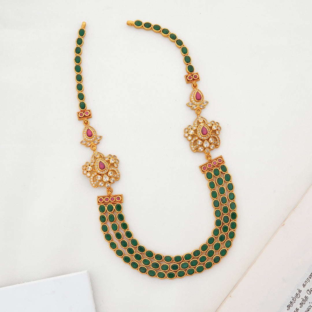 Emerald malai long chain necklace in gold-plated 925 silver with ruby and CZ motifs