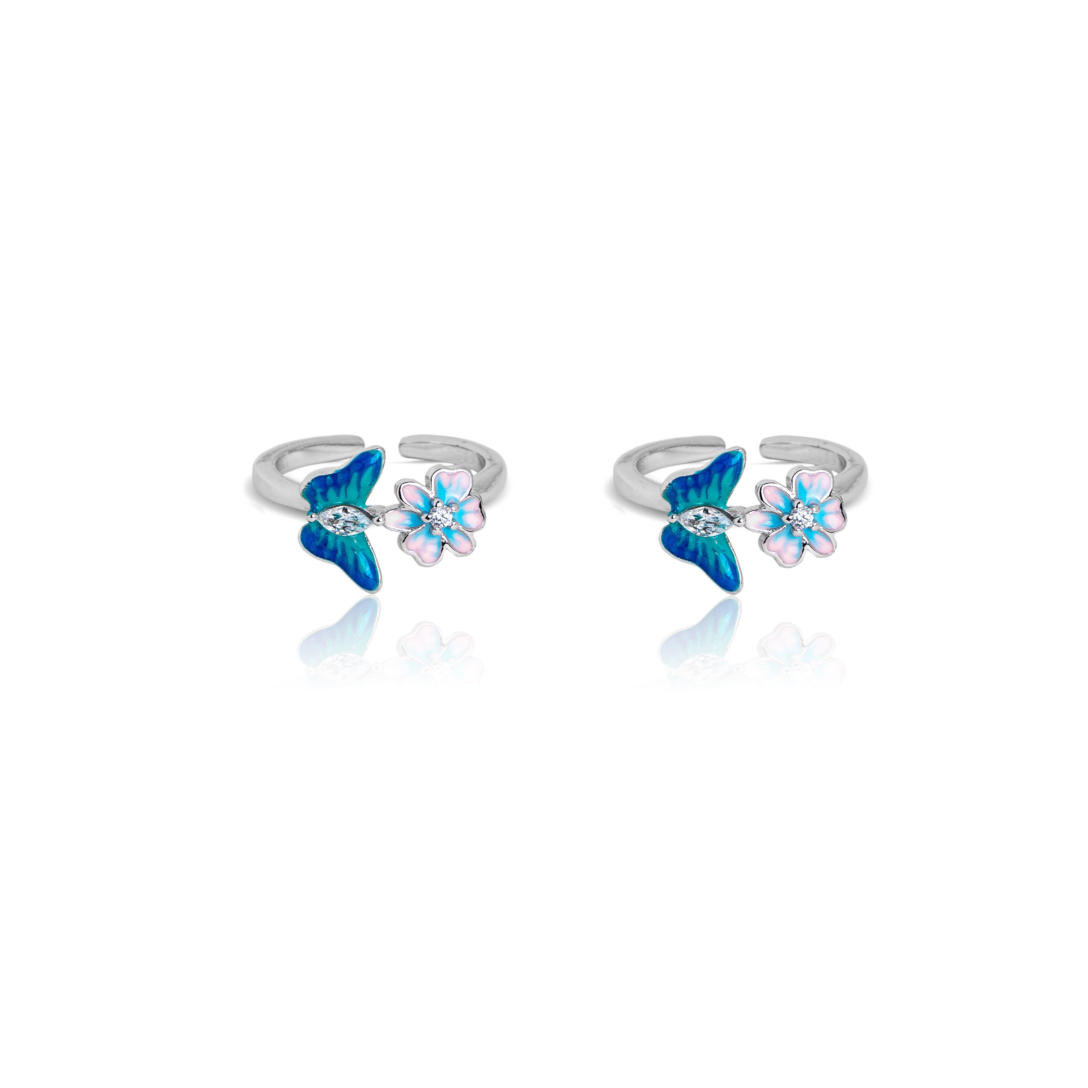 Enamel butterfly floral toe ring silver