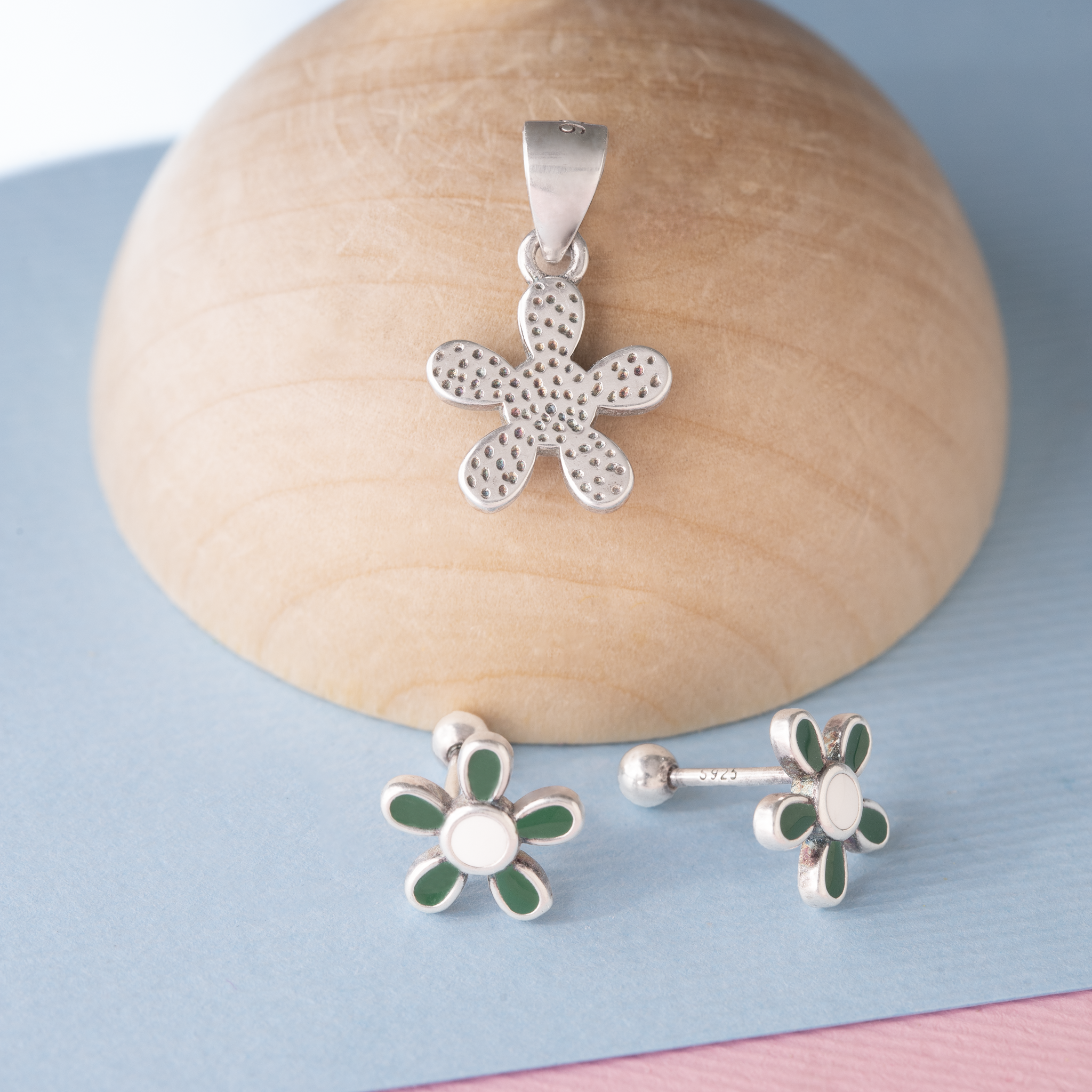 Enamel green floral silver kids jewelry