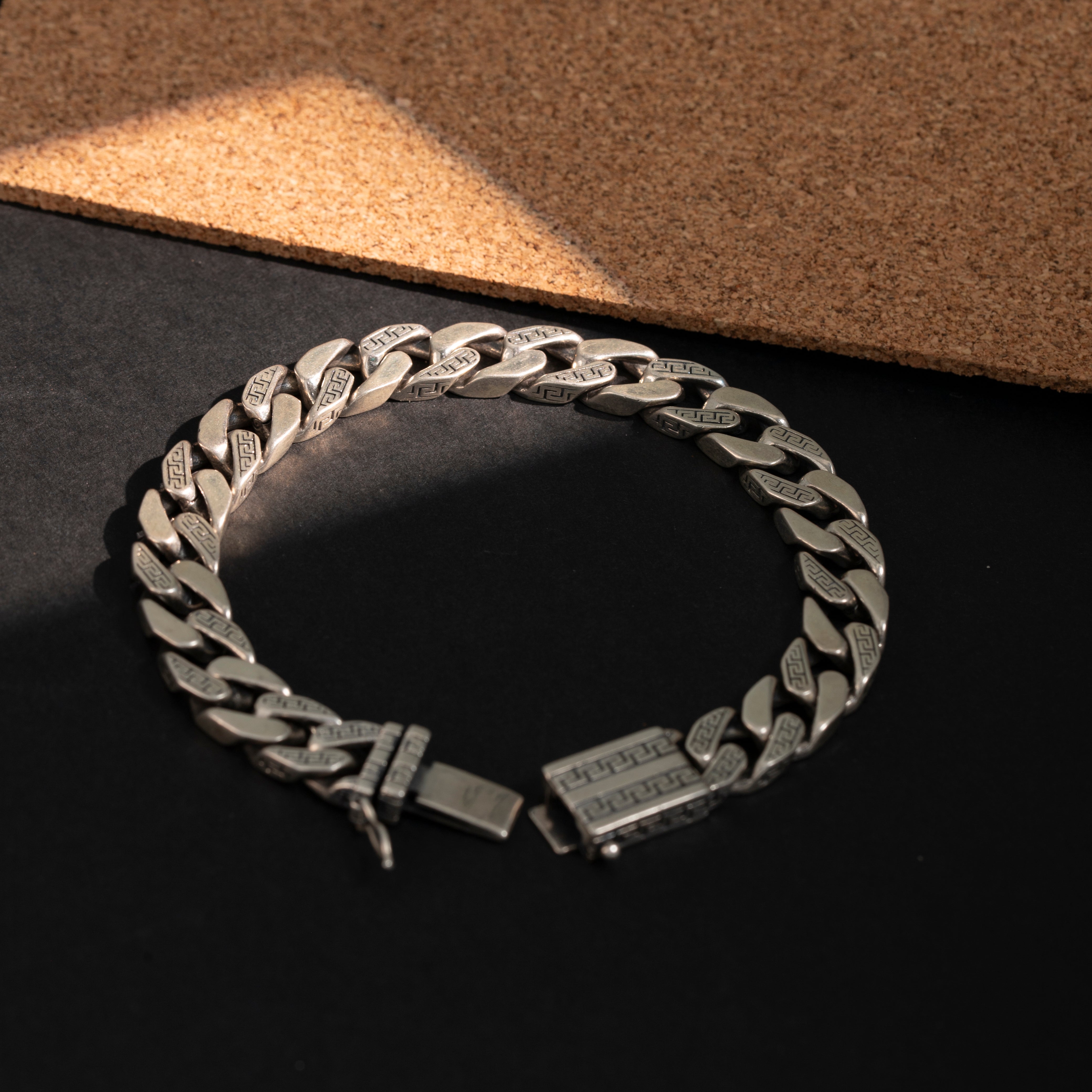 Engraved clasp silver bracelet for men