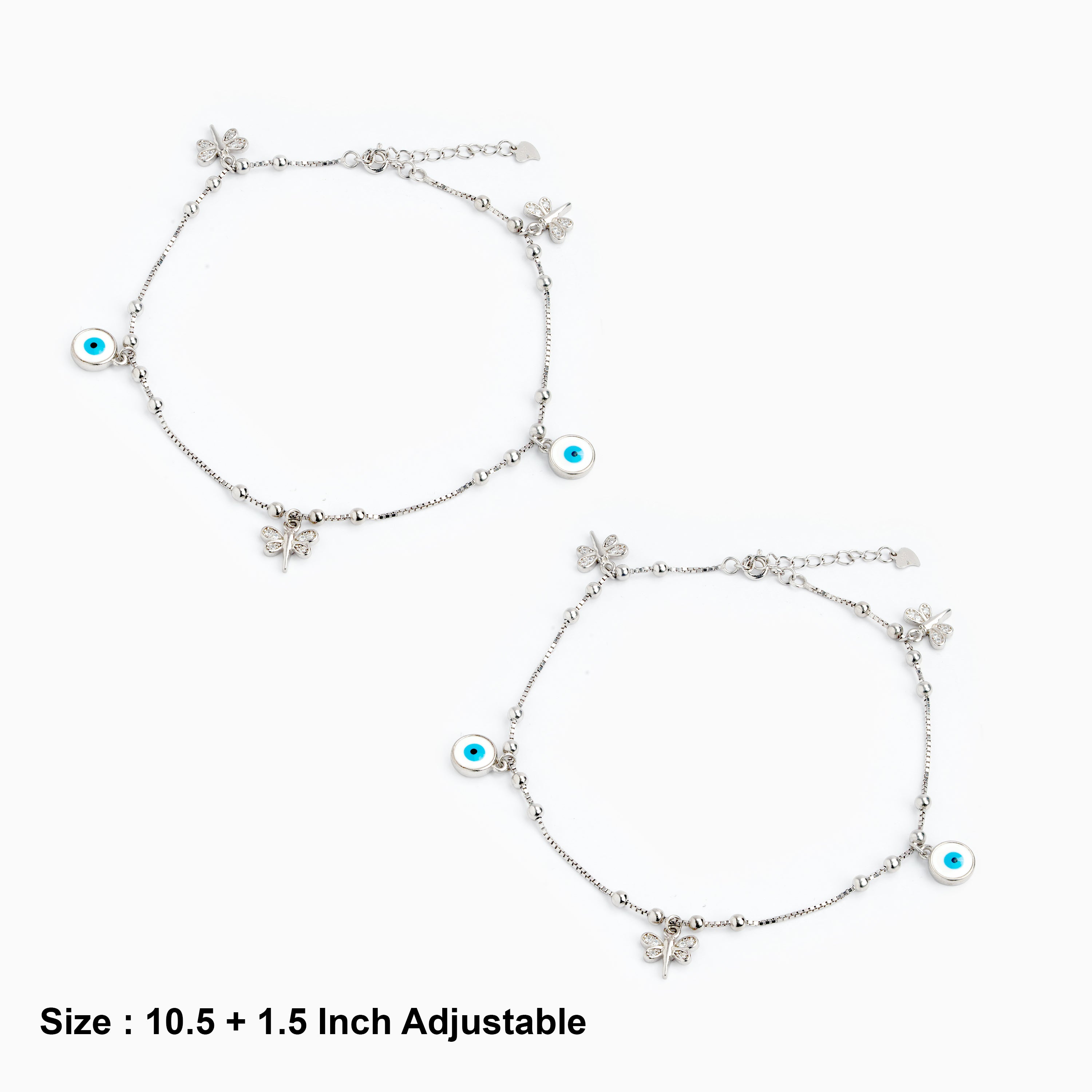 Evil Eye & Butterfly Charm Anklet in 925 Sterling Silver Ishna