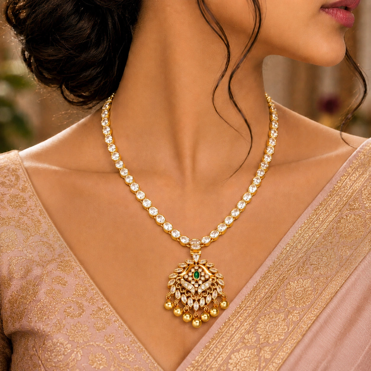 Floral CZ Stone Necklace in Gold Plated Silver Ishna