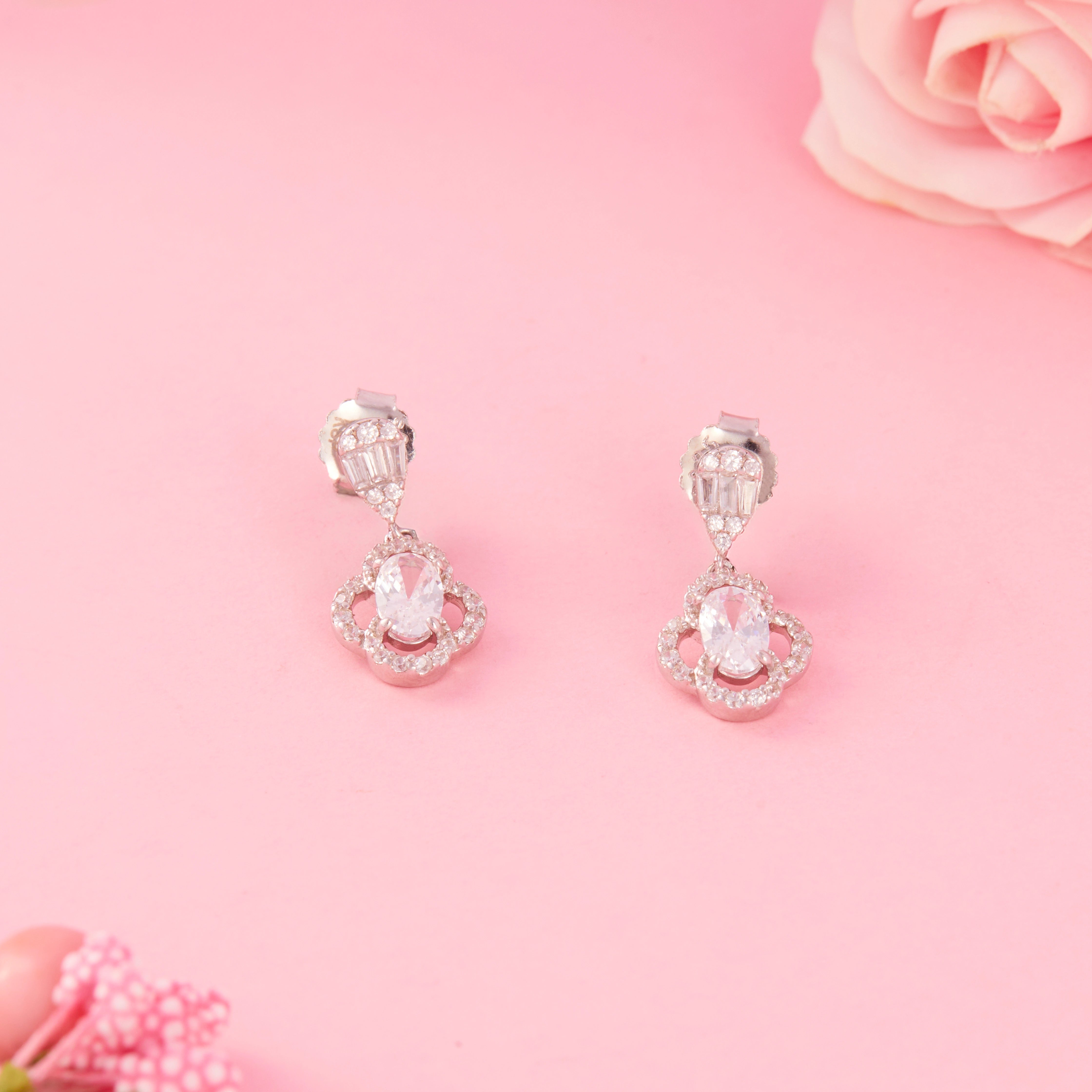 Floral Motif Drop Stud CZ Earrings Ishna