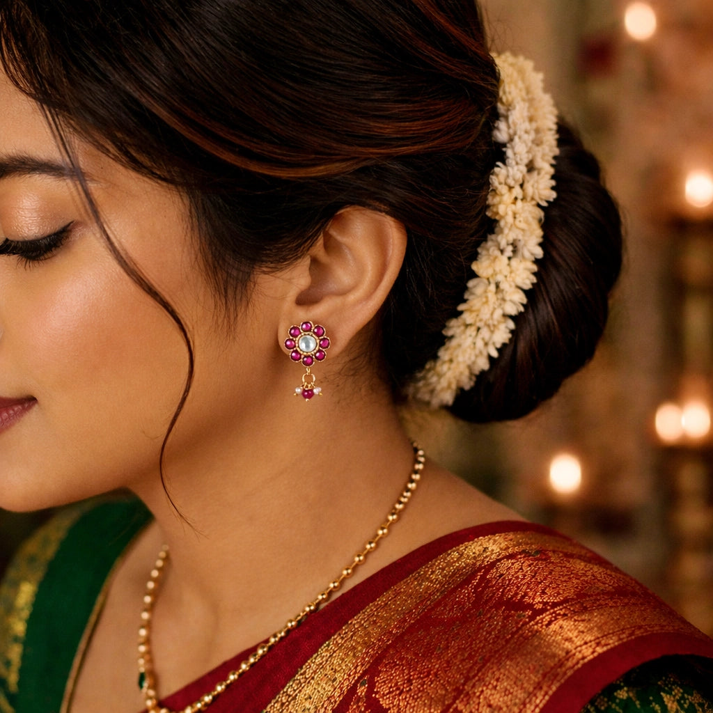 Floral Ruby Kundan Jhumka Earrings 