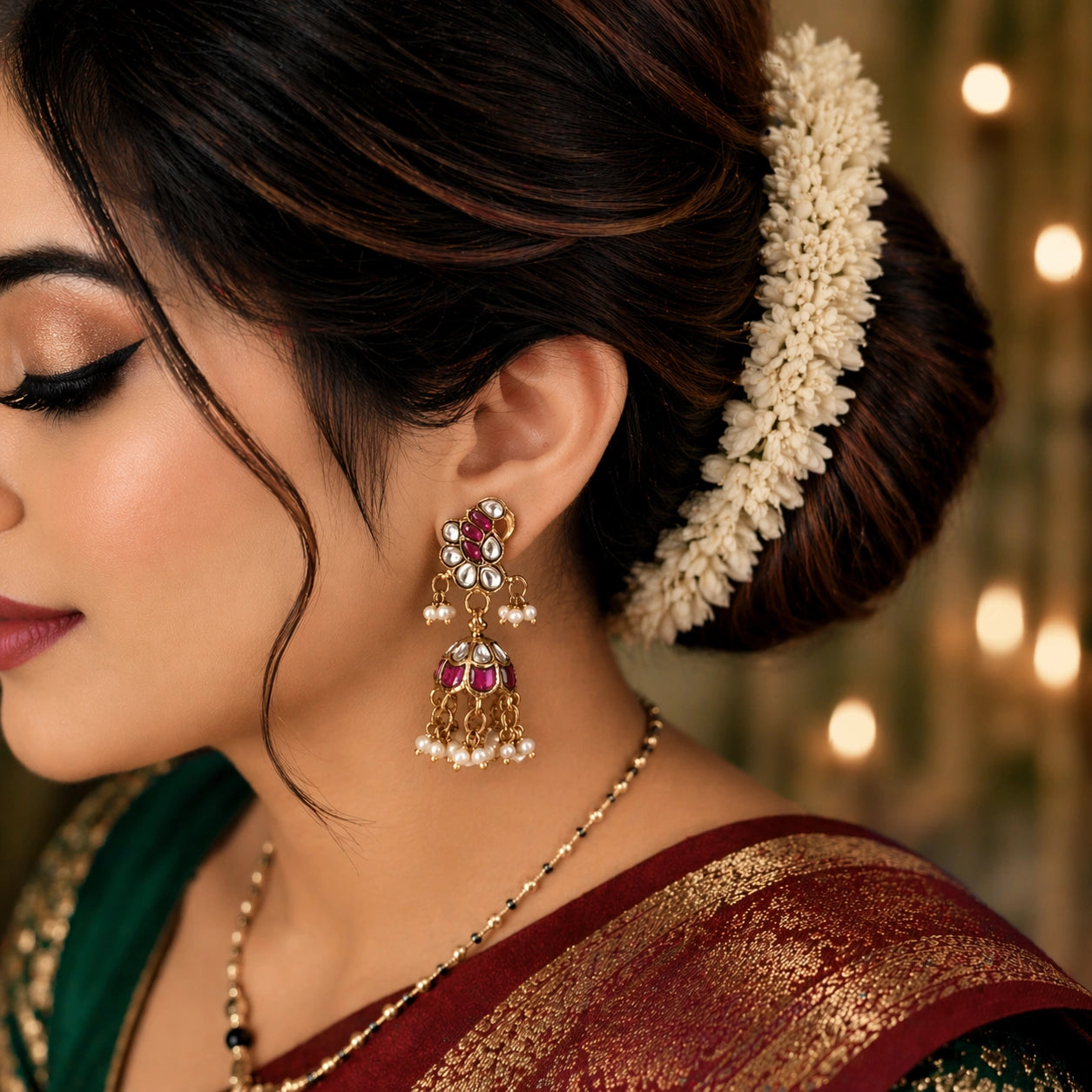 Floral Ruby & White Kundan Earrings Ishna