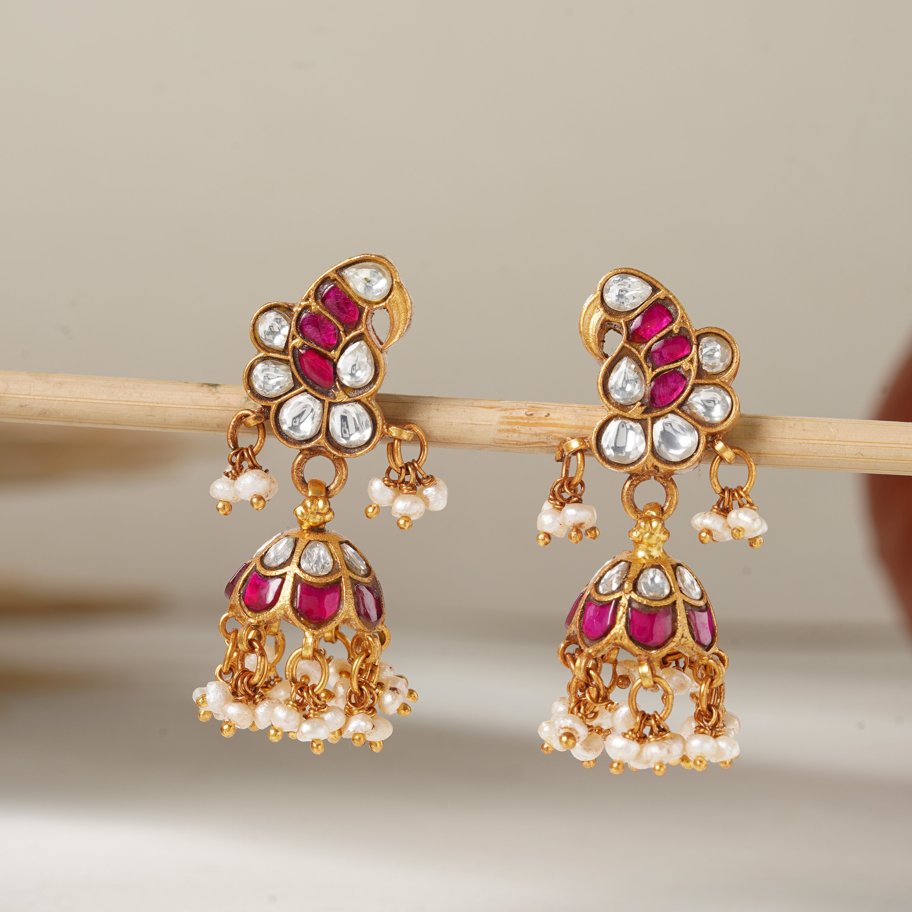 Floral Ruby & White Kundan Gold Plated Silver Jhumka Earrings Ishna