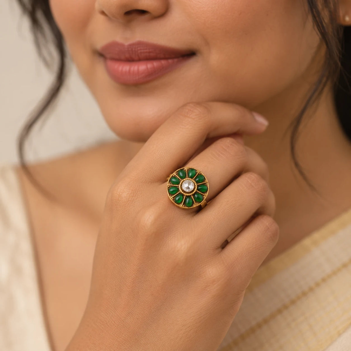Floral green stone ring for women
