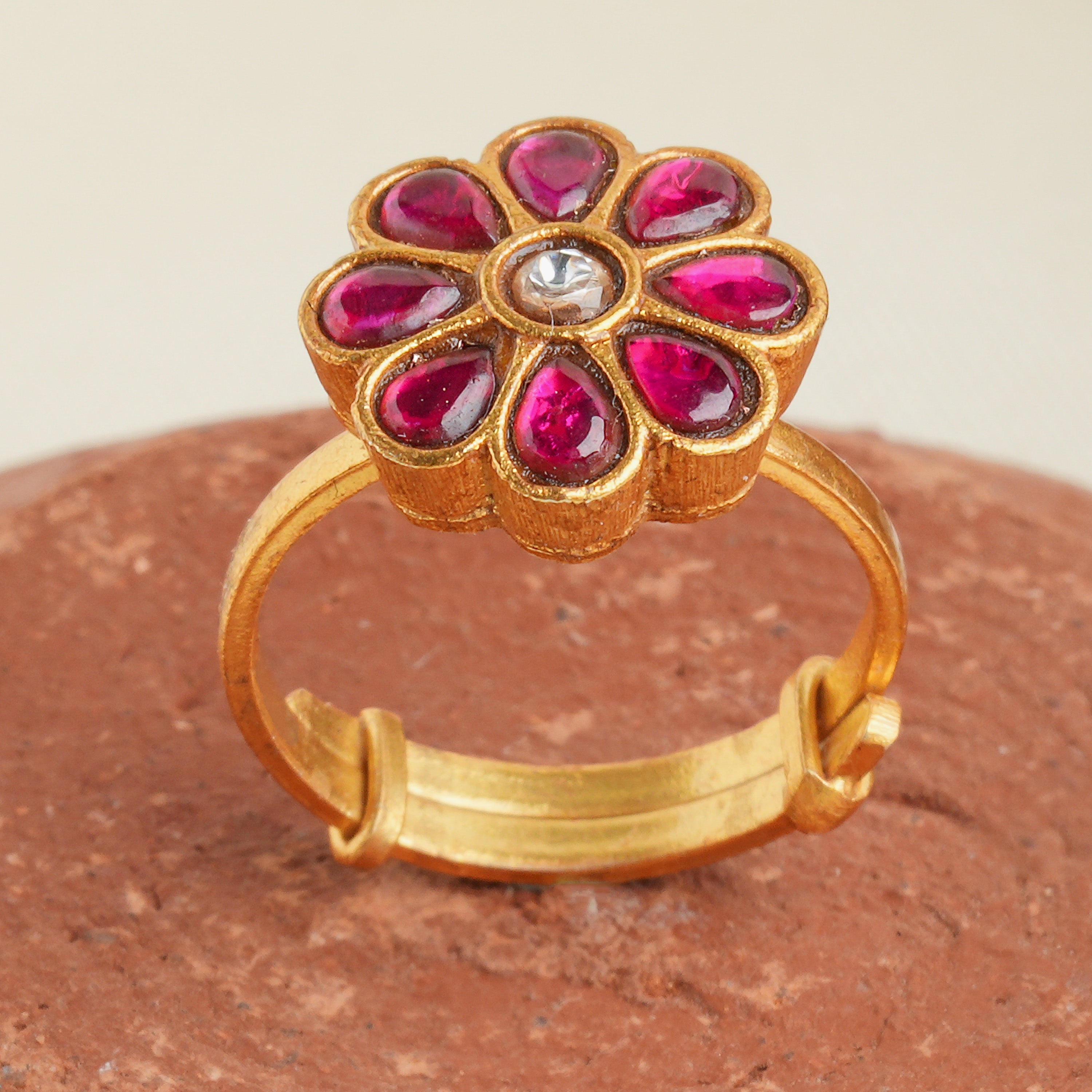 Floral ruby adjustable gold ring