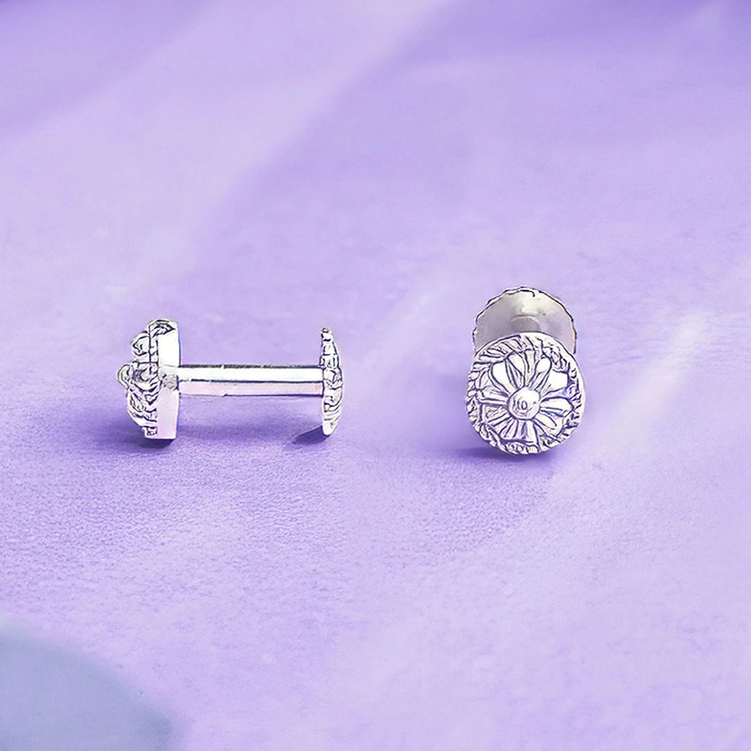 Flower Engraved Stud Earrings in Silver Ishna