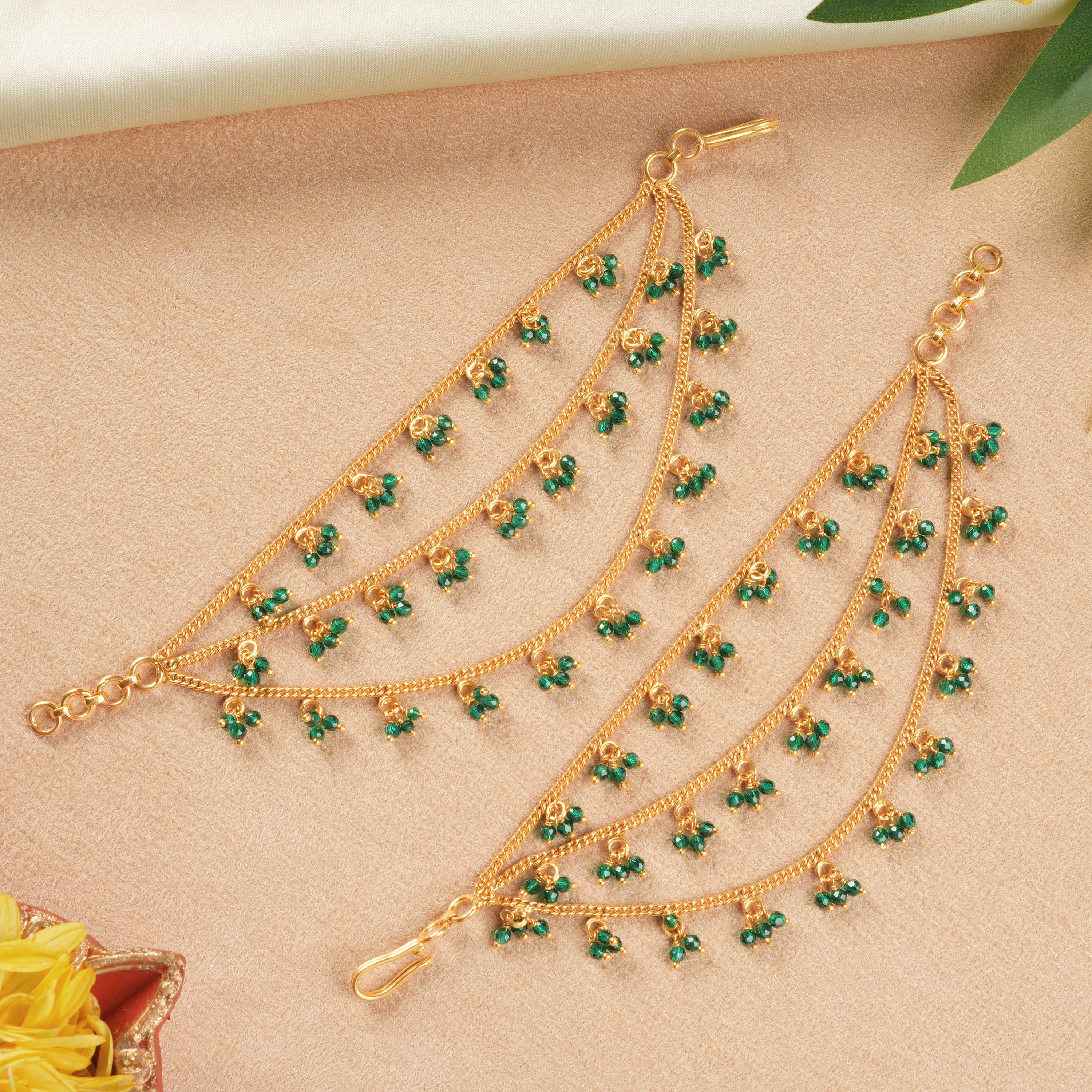 Gold-Plated Traditional Mattal with Green Beads Ishna