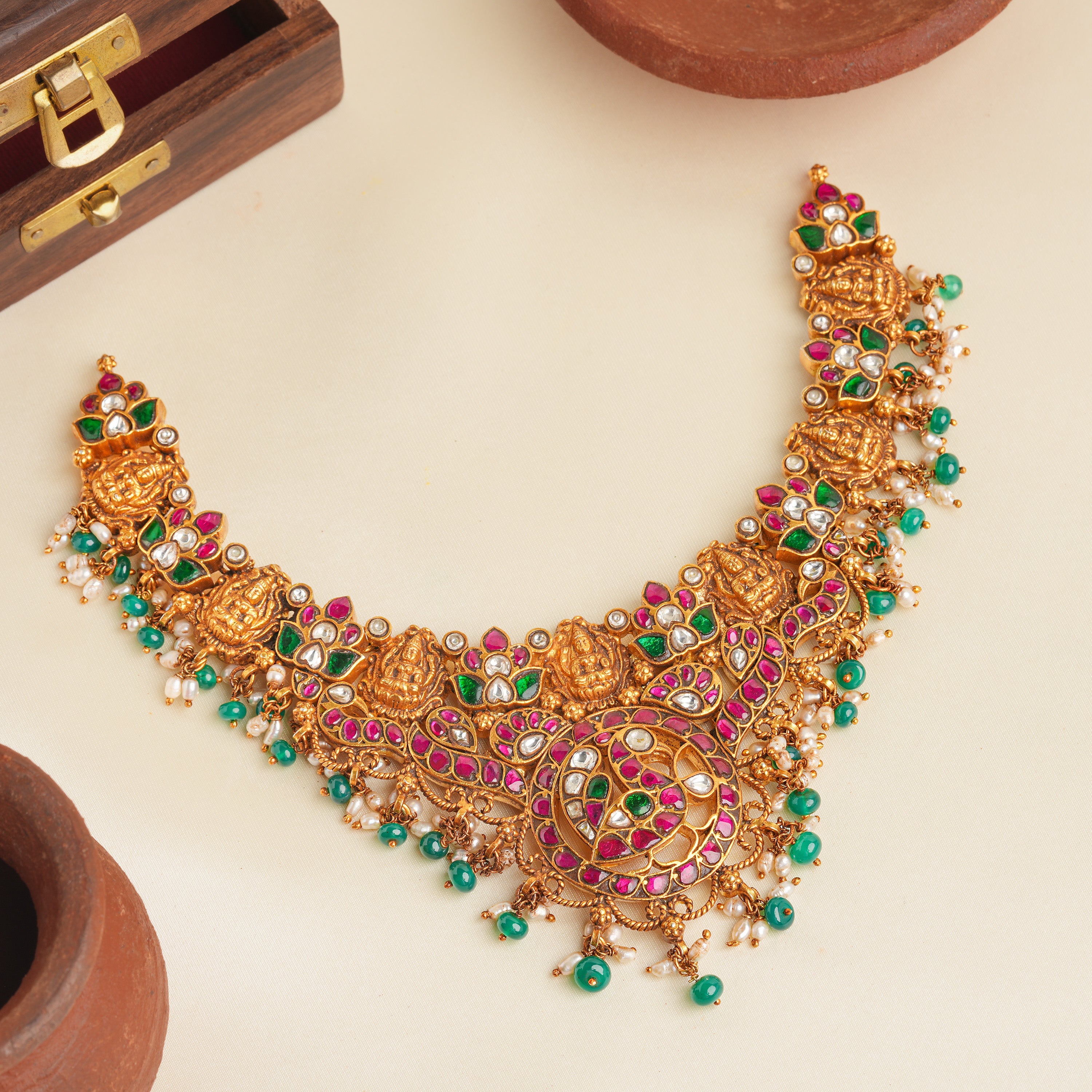 Gold-plated Kundan temple necklace with Lakshmi design