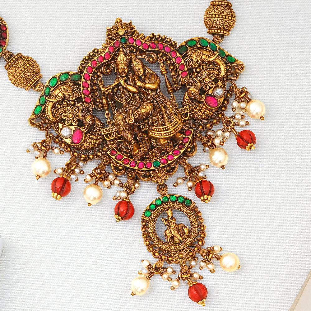 Gold-plated bridal necklace featuring Krishna on chariot design

