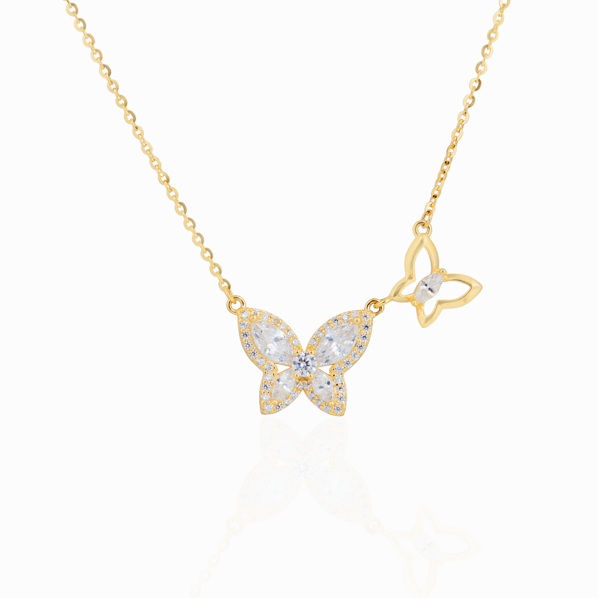 Gold-plated butterfly pendant chain with cubic zirconia