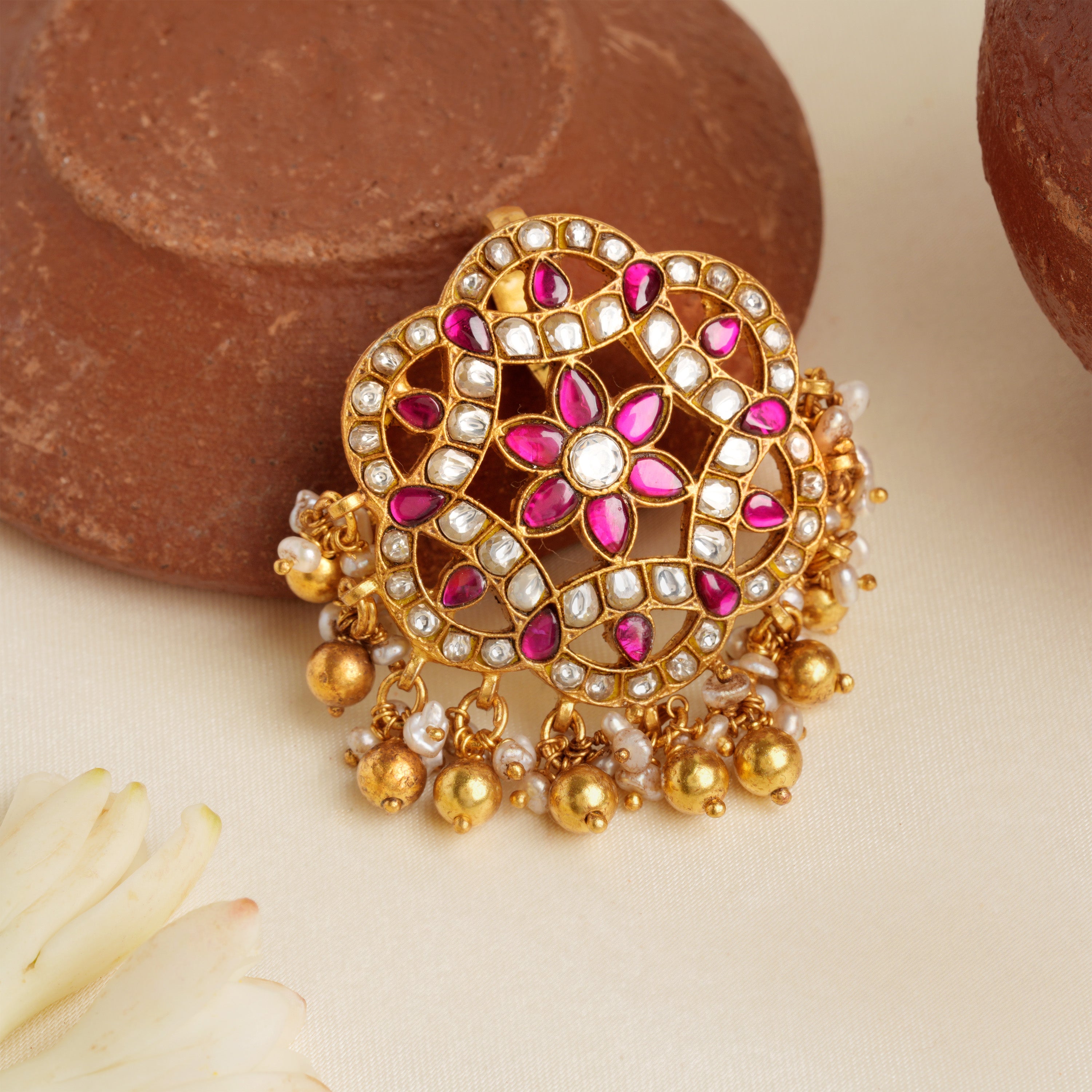 Gold-plated ruby chandbali jada billai