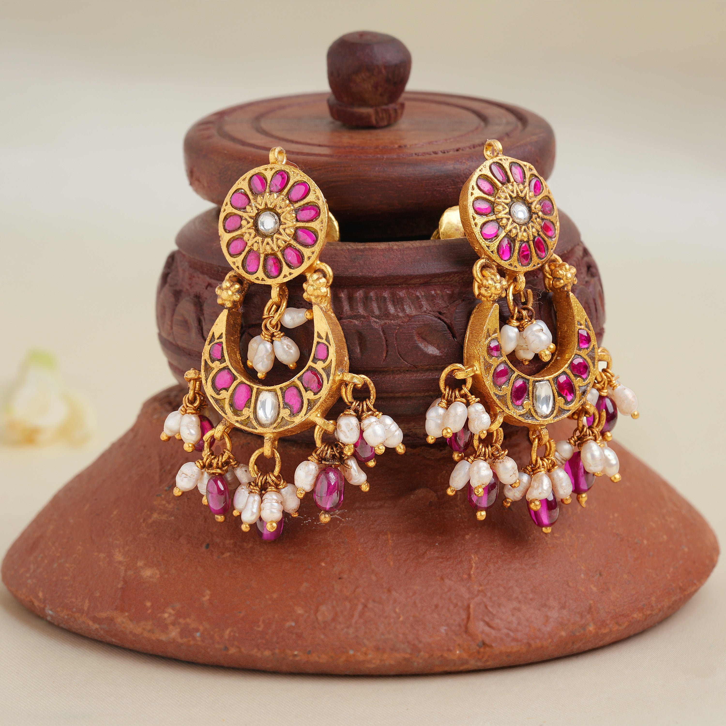 Gold-plated ruby pearl kundan chandbali earrings