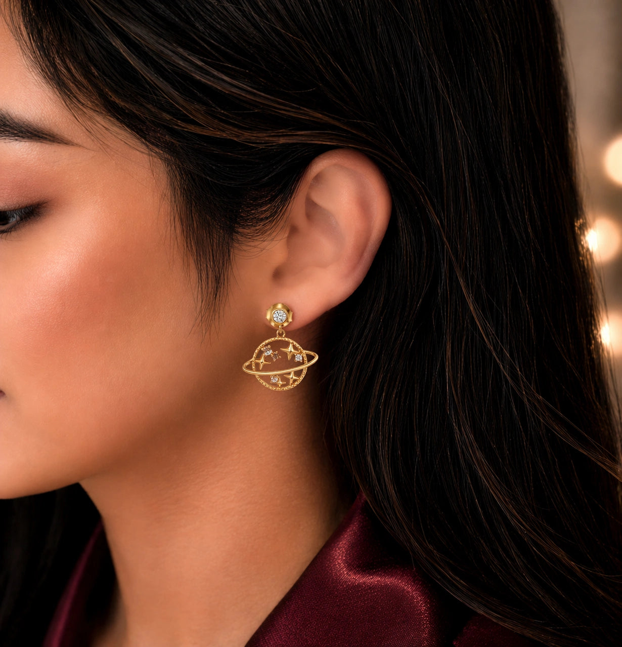 Gold Plated CZ Saturn Drop Earrings Ishna